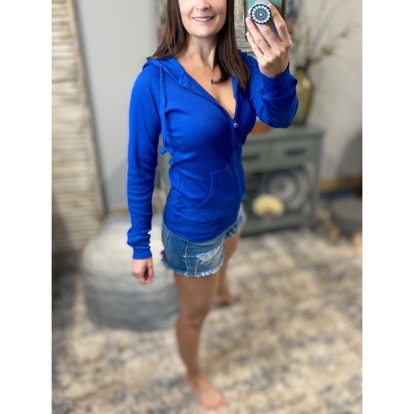 Waffle Thermal Zip Up Hoodie Long Sleeve Drawstring Royal Blue 4821 - Picture 3 of 7